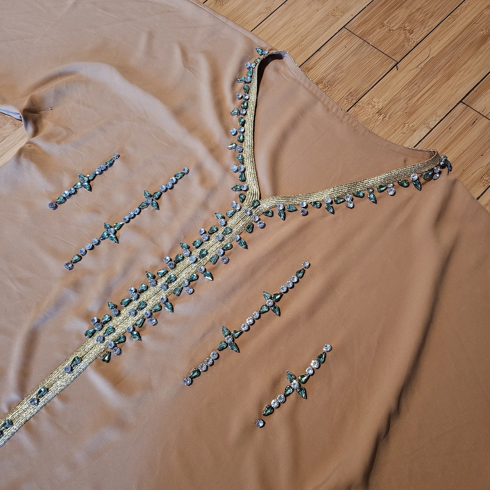 Elegant Tan Maxi Kaftan Dress with Green Embellishments - Picture 3 of 7